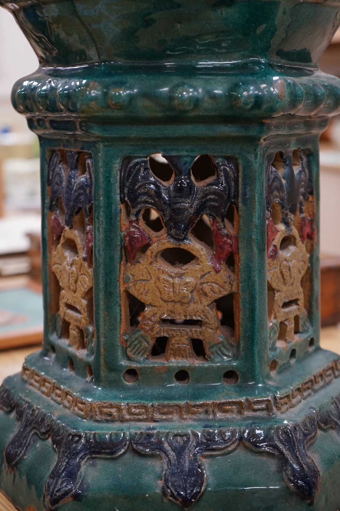 Two Chinese ceramic turquoise glazed garden seats, largest 41cm high. Condition - fair